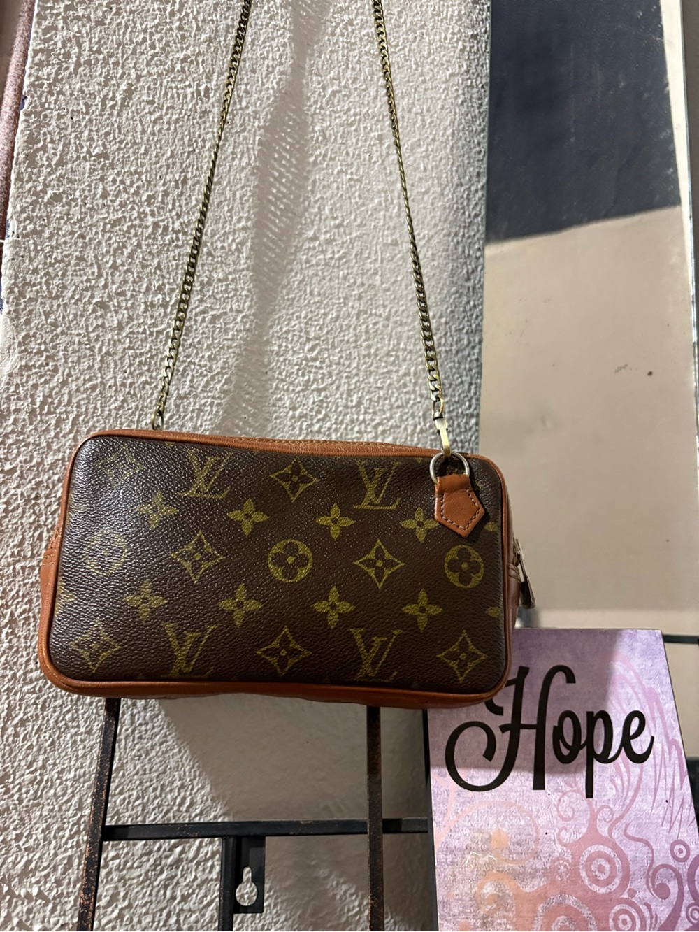 Monogram Canvas Crossbody Bag in Brown with Gold Chain